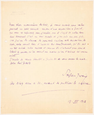 642&emsp;&emsp;Stefan Zweig. Eigenhändiger Brief mit Unterschrift. 1918