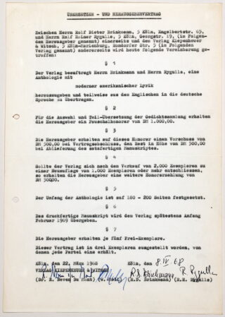 199&emsp;&emsp;Rolf Dieter Brinkmann – Verlagsverträge für »Moderne amerikanische Lyrik [Silverscreen]« bzw »ACID«, mit eigenhändigen Unterschriften von Brinkmann, Rygulla und den Verlegern.  bzw