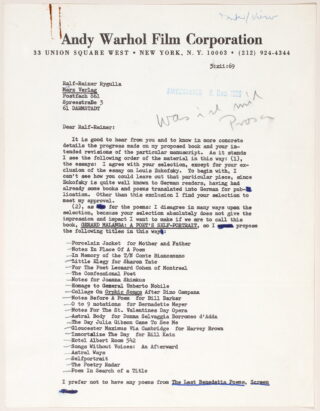 192&emsp;&emsp;März Verlag – Gerard Malanga. Zwei Briefe und vier Typoskripte, davon fünf mit eigenhändiger Unterschrift und zwei mit Widmung. hine