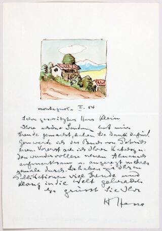 166&emsp;&emsp;Hermann Hesse. Eigenhändiger Brief mit Aquarell. 1954