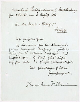 123&emsp;&emsp;Rainer Maria Rilke. Eigenhändiger Brief mit Unterschrift. 1913