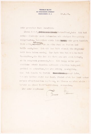 177&emsp;&emsp;Thomas Mann. Brief mit eigenhändiger Unterschrift. 1940