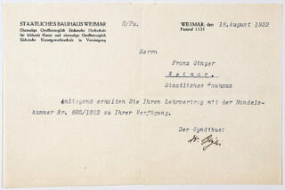 79&emsp;&emsp;Bauhaus – Franz Singer. Anschreiben Bauhaus Weimar. 1922