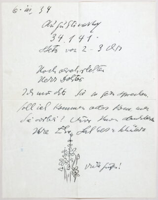 175&emsp;&emsp;Else Lasker-Schüler. Eigenhändiger Brief mit Unterschrift und kleiner Zeichnung. 1934